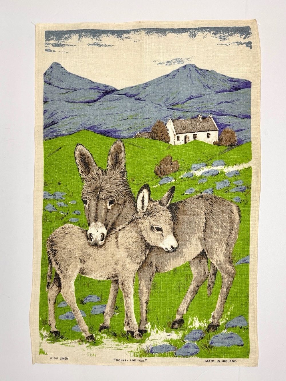 New Vintage Irish Linen Tea Towel Donkey and Foal 20x30" Ireland